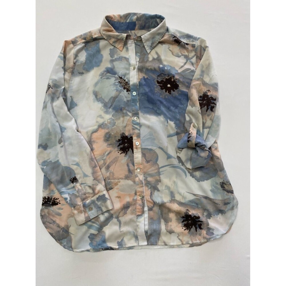 Chico's Watercolor Floral Button-Up Blouse - Blue & Peach